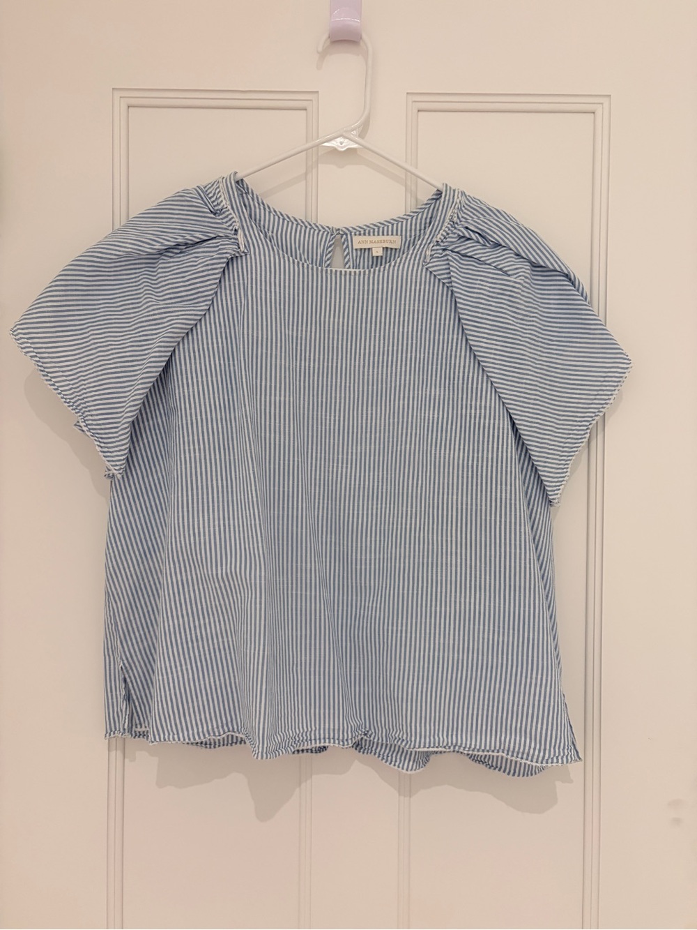 ANN MASHBURN Blue and White Striped Puff-Sleeve Blouse L 100% cotton